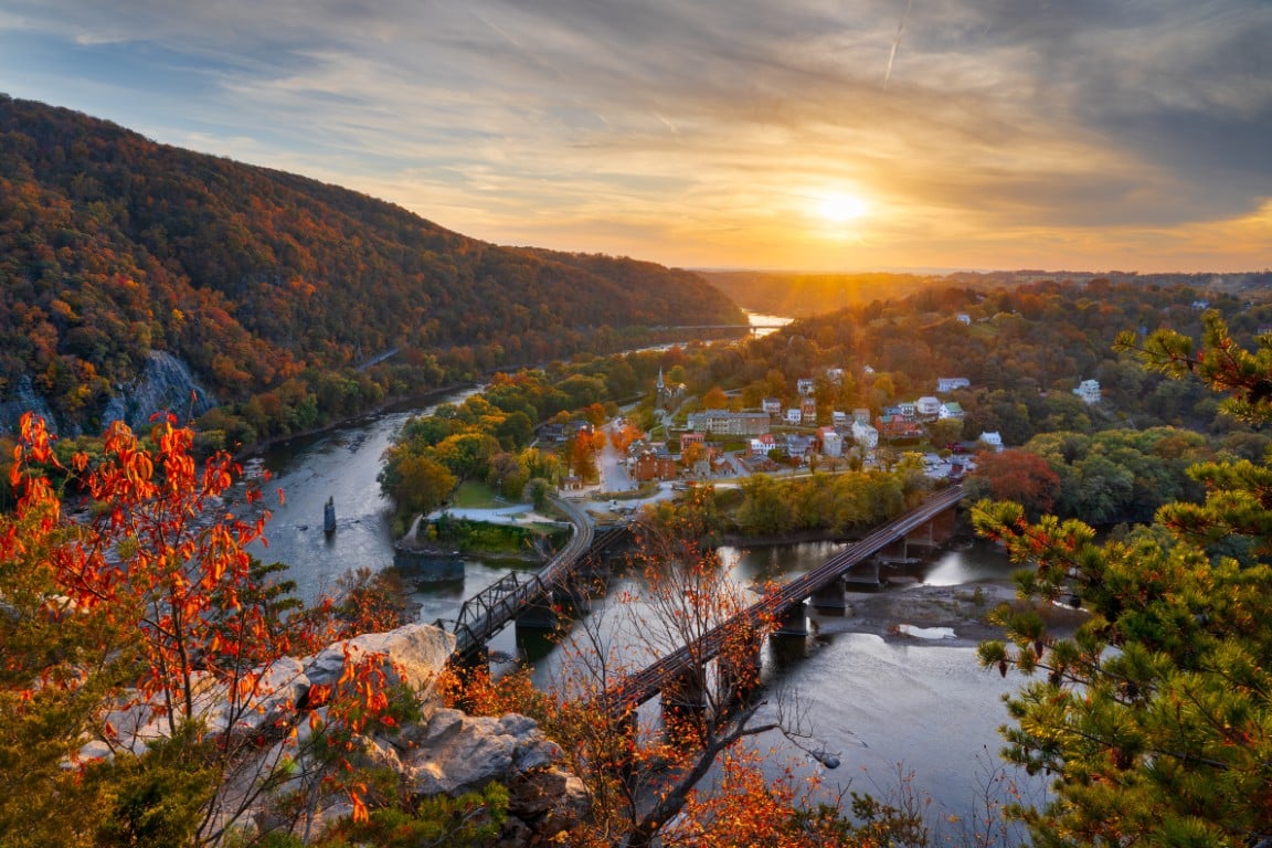 Harpers Ferry and the meeting of the Potomac and Shenandoah Rivers at sunset in autumn