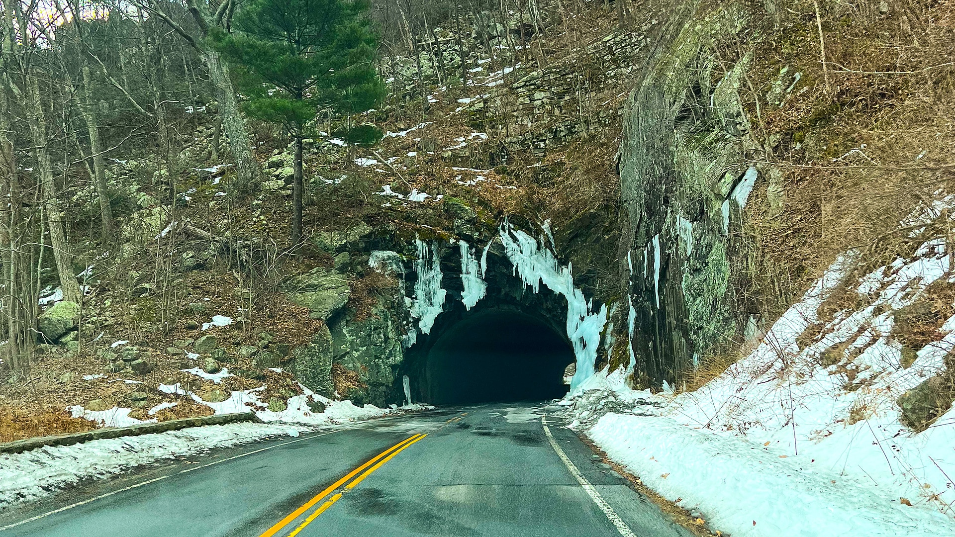 Snow and icicles at the Marys Rock Tunnel on Skyline Drive in winter, Shenandoah National Park