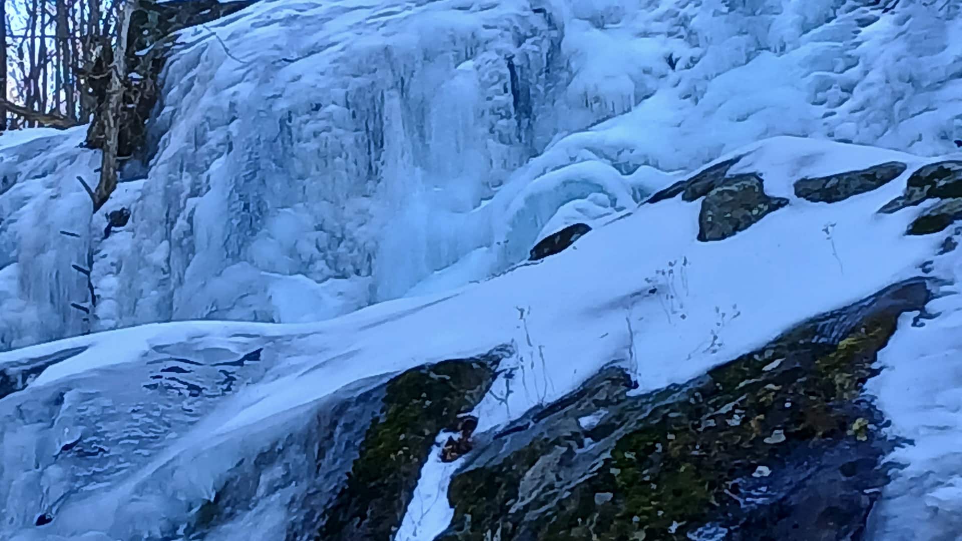 Dark Hollow Falls frozen over with ice and snow in February in Shenandoah National Park