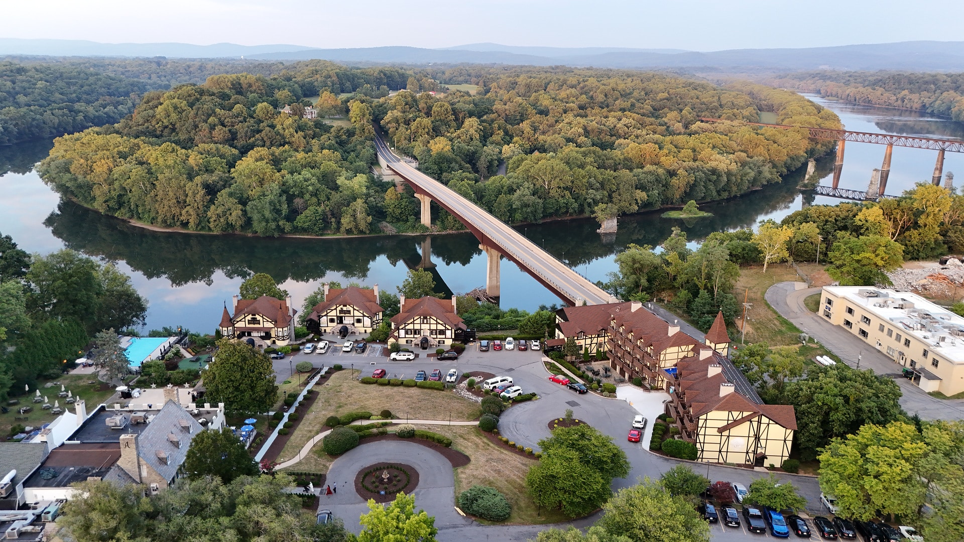 Aerial view of the Bavarian Inn above the Potomac River and the James Rumsey Bridge in Shepherdstown