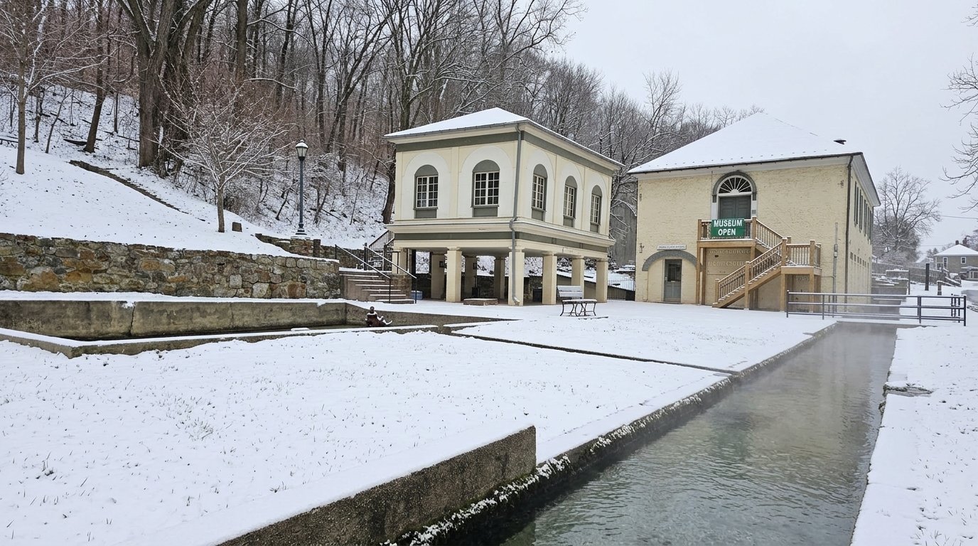 Berkeley Springs State Park bathhouses and warm spring channel in winter snow