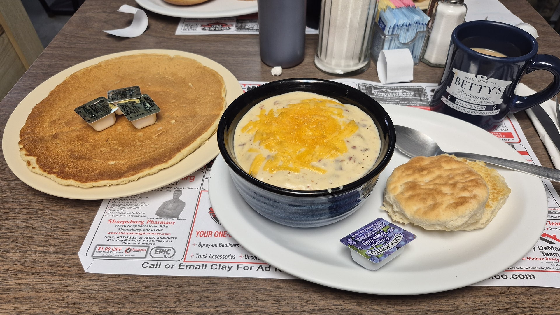 Pancakes, biscuits and gravy, and coffee at Betty's Restaurant in Shepherdstown