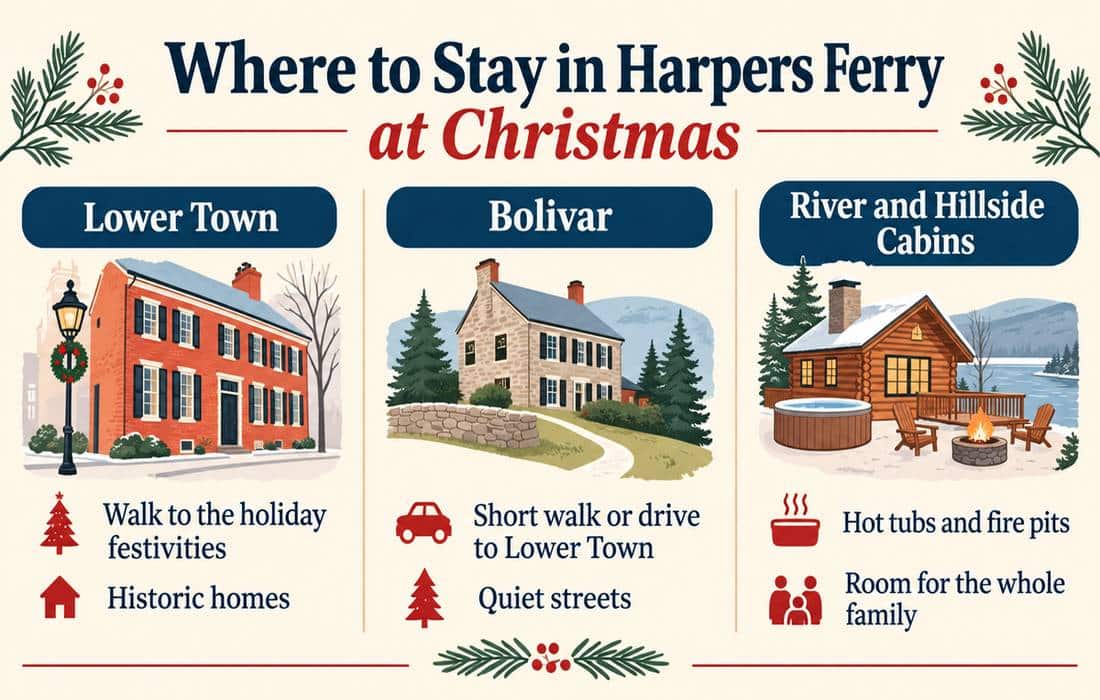 Infographic comparing where to stay in Harpers Ferry at Christmas: Lower Town, Bolivar, and river and hillside cabins