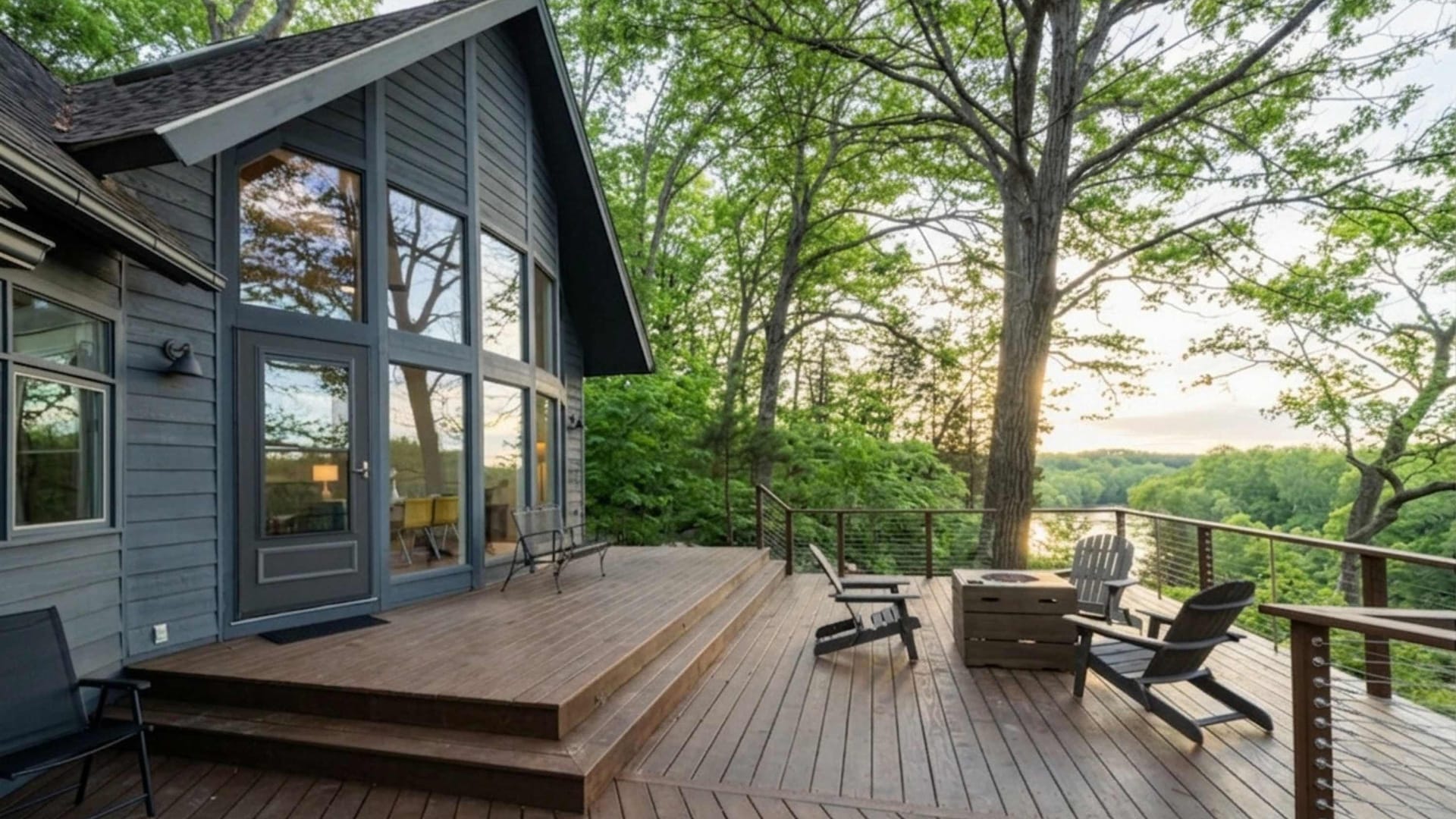 The deck and fire pit at Eagle Bluff Overlook, a Blue Maple chalet above the Potomac River near Shepherdstown
