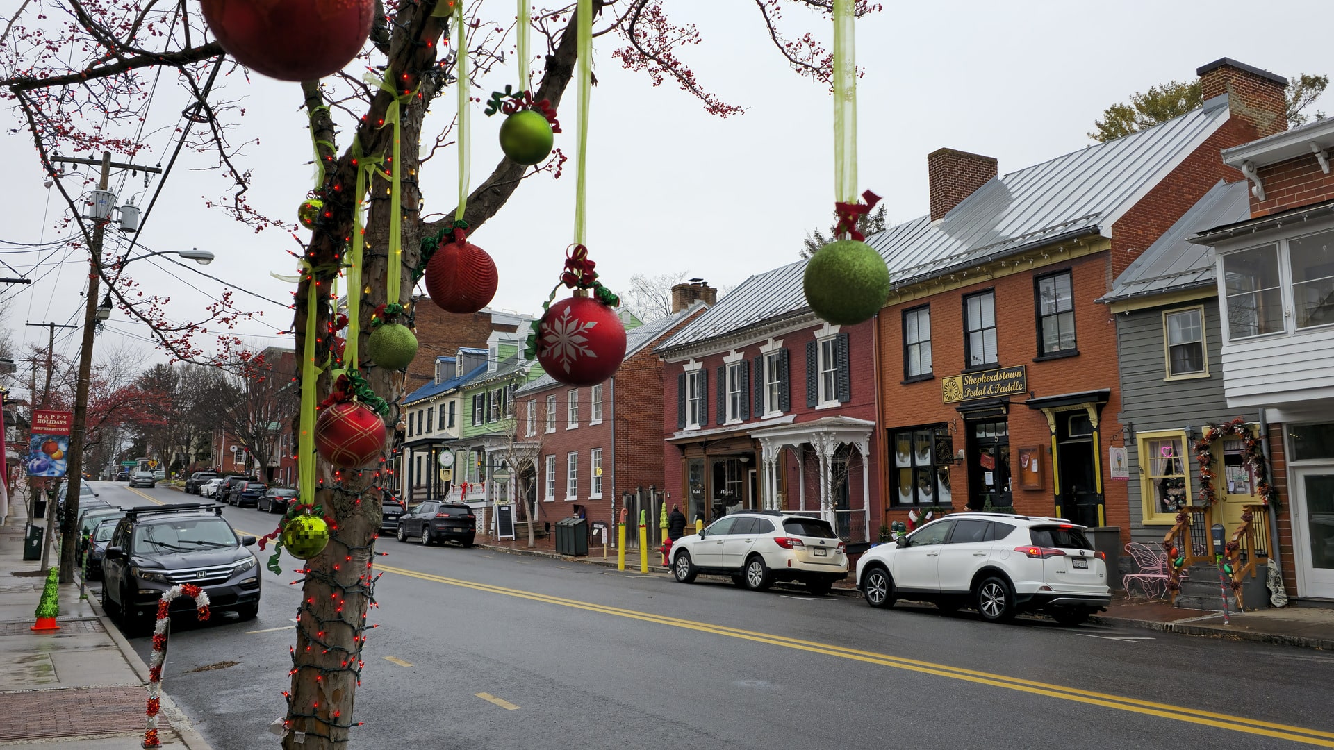 German Street in Shepherdstown decorated with oversized holiday ornaments