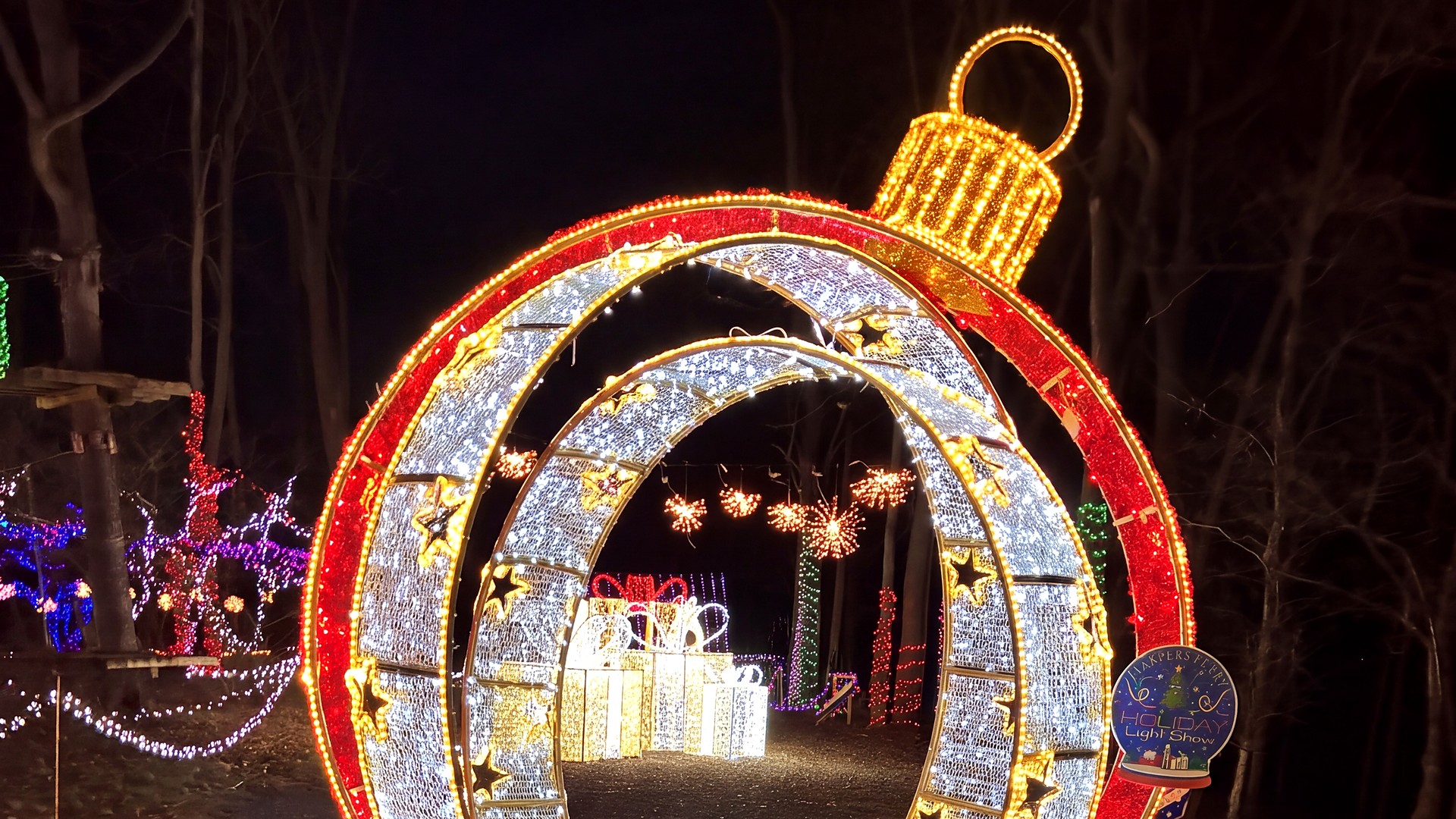 Giant lit Christmas ornament arch at the Harpers Ferry Light Show