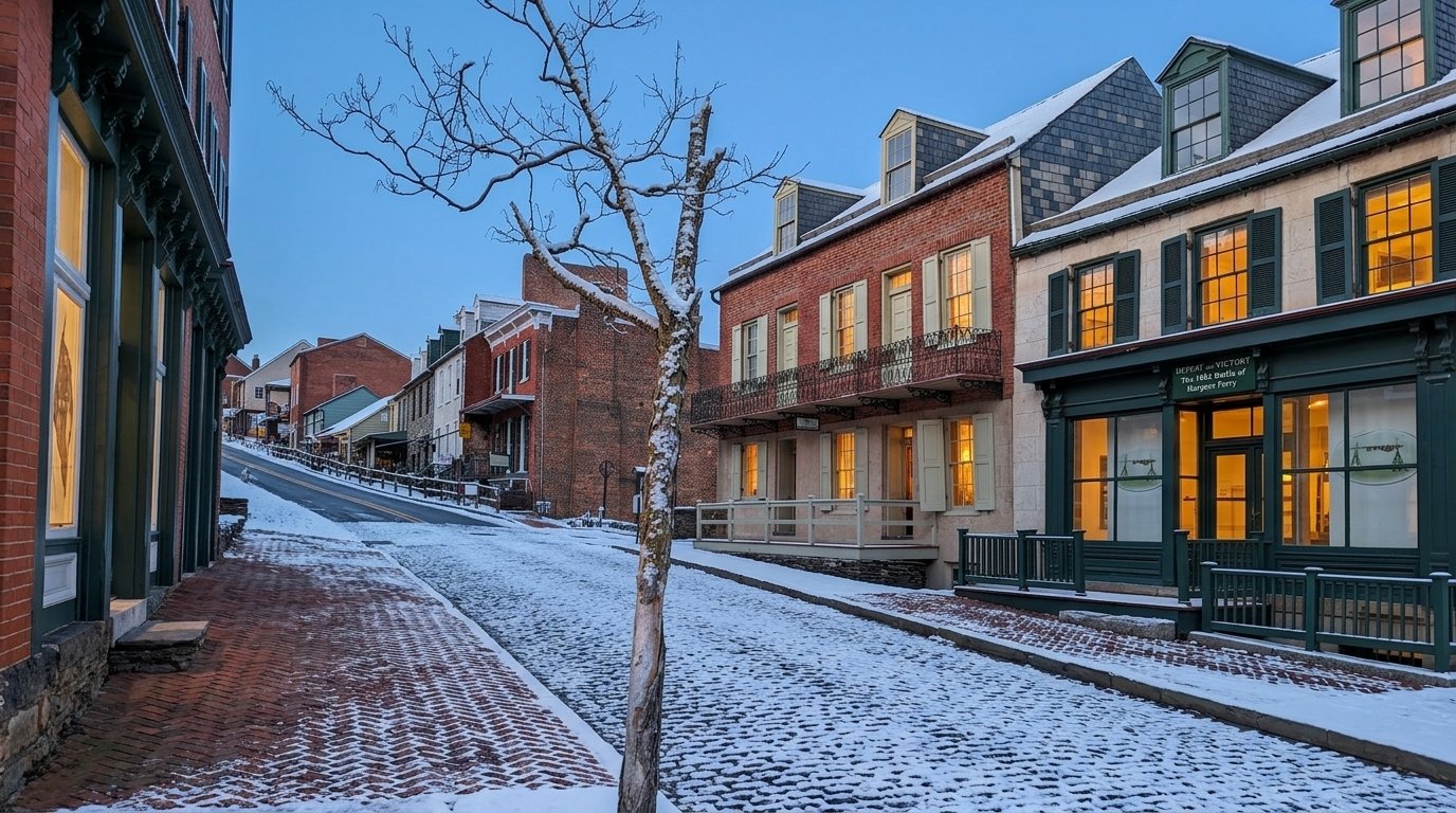 Historic Lower Town Harpers Ferry street with fresh snow in early evening