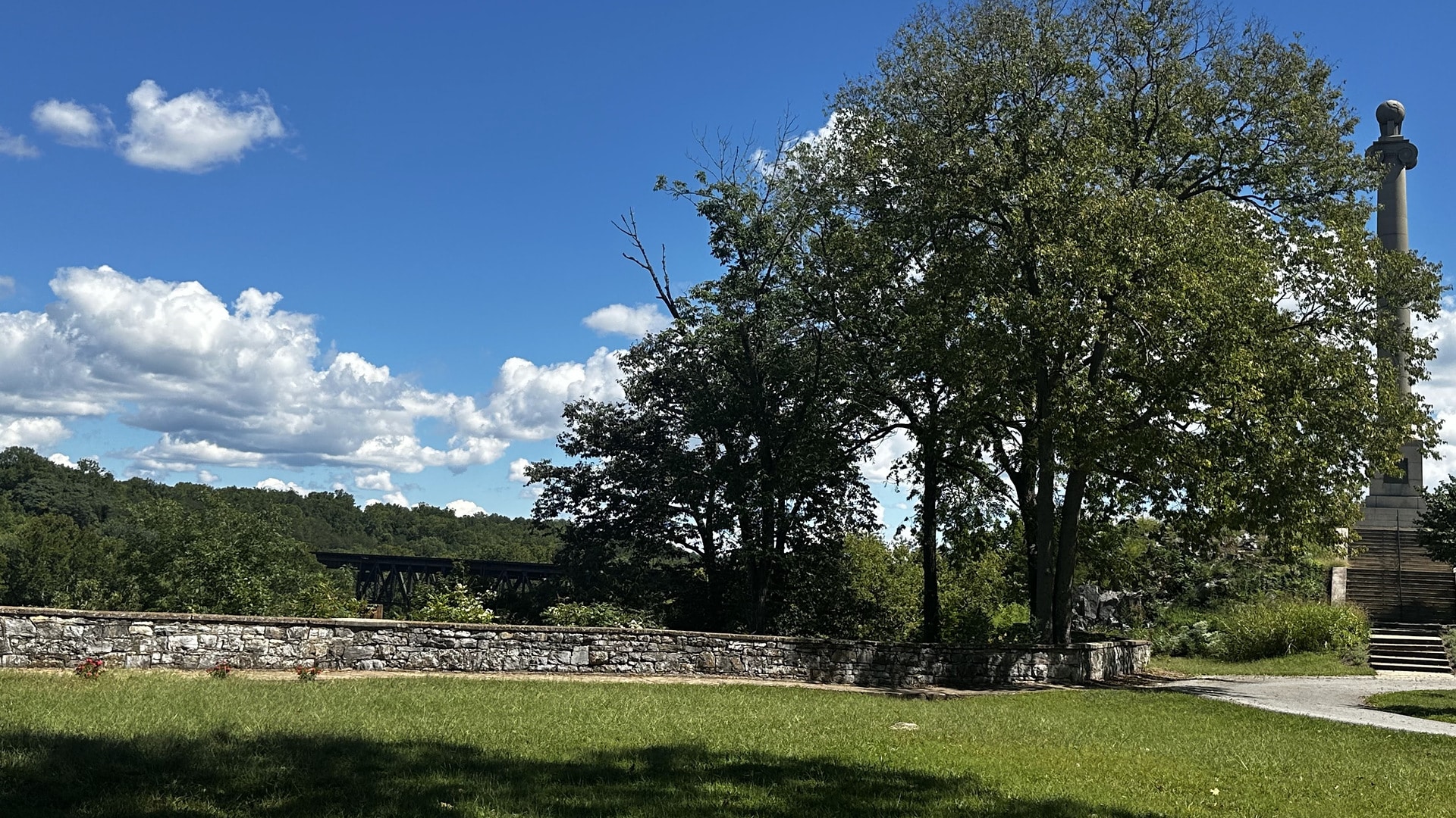 The James Rumsey Monument and Rumsey Park on the bluff above the Potomac River in Shepherdstown