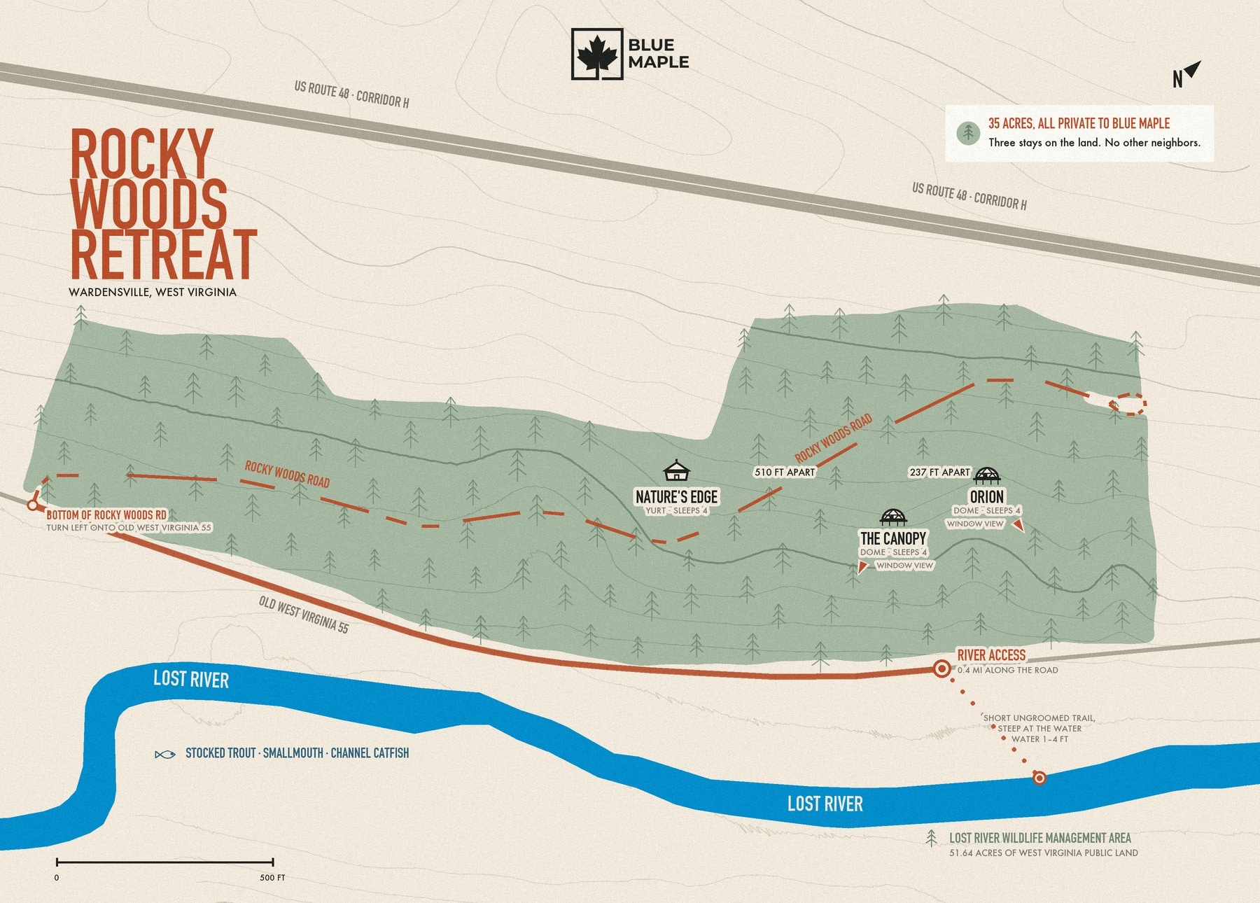Illustrated map of Rocky Woods Retreat near Wardensville, West Virginia: a wooded ridge of thirty-five acres above Lost River, holding a yurt and two glamping domes.