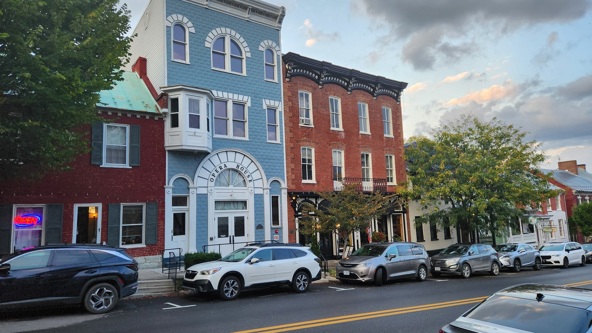 The blue facade of the Shepherdstown Opera House on West German Street